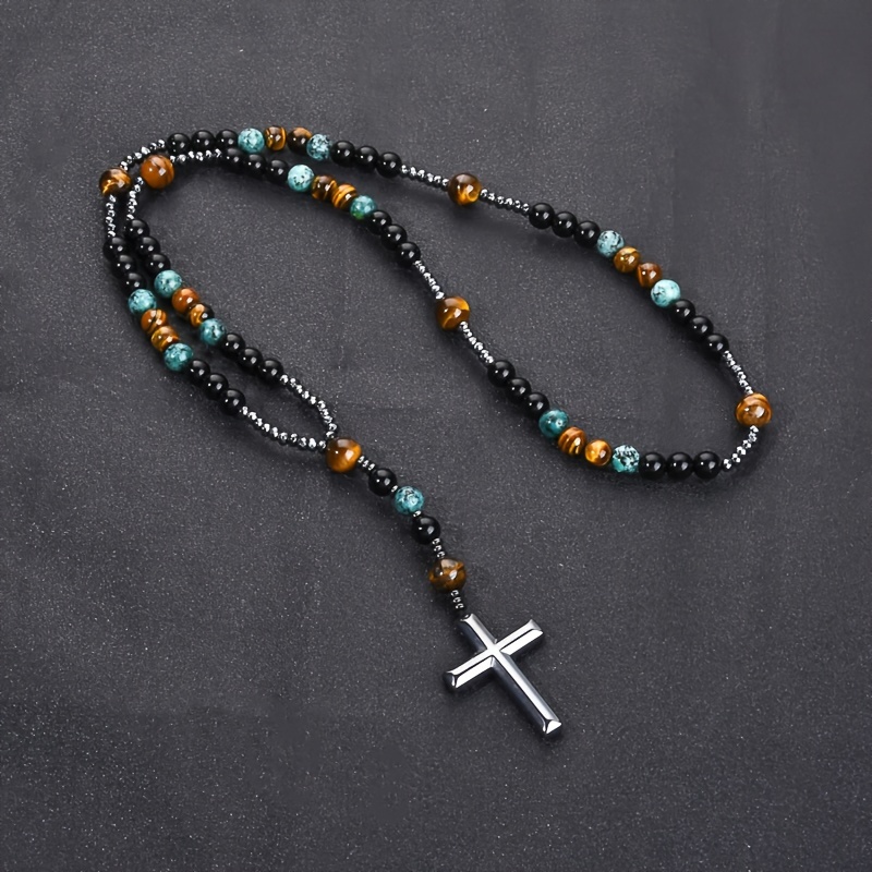 African Pine Yellow Tiger Eye Retro Natural Stone Long Cross Necklace